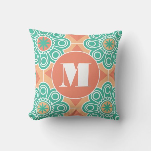 Monogram Perzik en Groene Moderne Bloem Kussen (Voorkant)