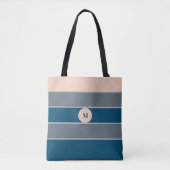 Monogram Perzik Grijs Blauw Gestreept Modern Chic Tote Bag (Voorkant)