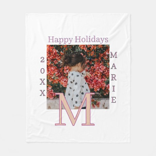MONOGRAM PERZIK GRIJS NAAM FOTO JAAR KERSTFEEST HO FLEECE DEKEN (Voorkant)