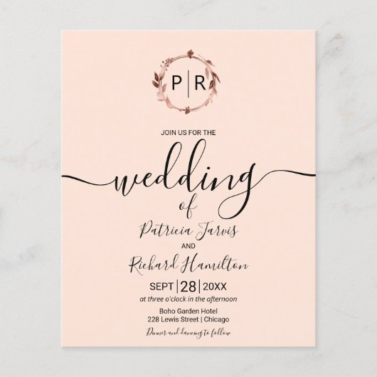 Monogram Perzik Roze Budget Trouwuitnodiging (Voorkant)