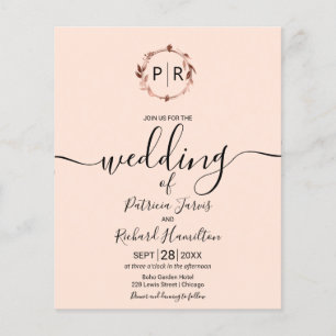 Monogram Perzik Roze Budget Trouwuitnodiging