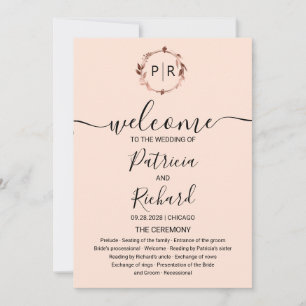 Monogram Perzik Roze Gouden Folie Trouwprogramma Kaart