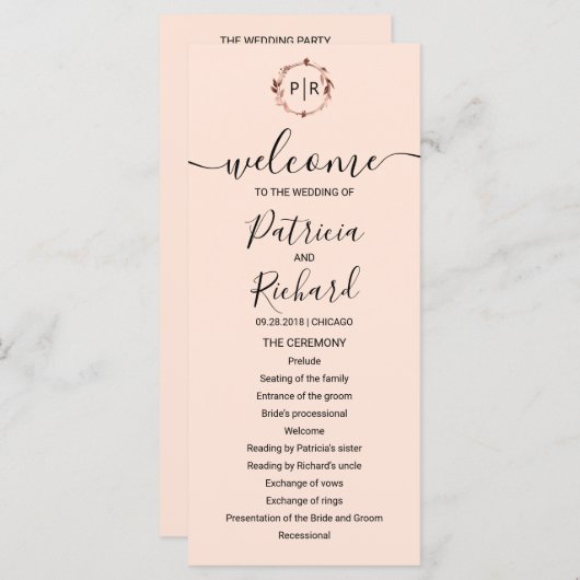 Monogram Perzik Roze Gouden Folie Trouwprogramma Programmakaart (Voorkant / Achterkant)