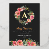 Monogram Photo Black Botanical Wreath Christmas Folie Feestdagenkaart (Voorkant)