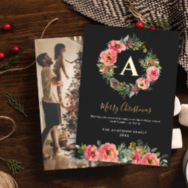 Monogram Photo Black Botanical Wreath Christmas  Folie Feestdagenkaart