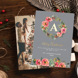 Monogram Photo Gray Botanical Wreath Christmas  Folie Feestdagenkaart