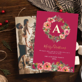 Monogram Photo Red Botanical Wreath Christmas  Folie Feestdagenkaart