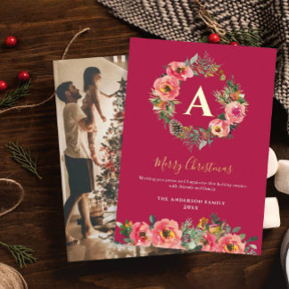 Monogram Photo Red Botanical Wreath Christmas Folie Feestdagenkaart