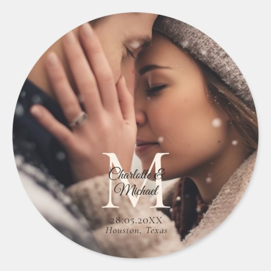 Monogram Photo Wedding Ronde Sticker (Voorkant)