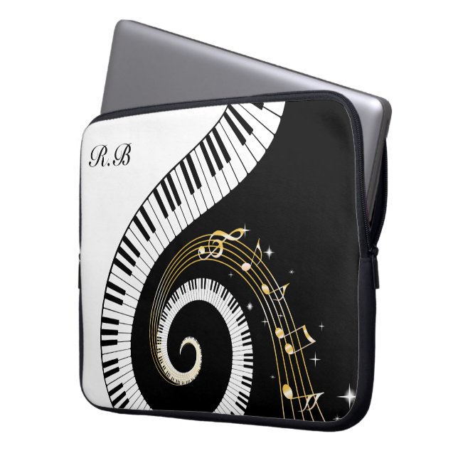 Monogram Piano Keys en Muzieknoten Laptop Sleeve (Voorkant Links)