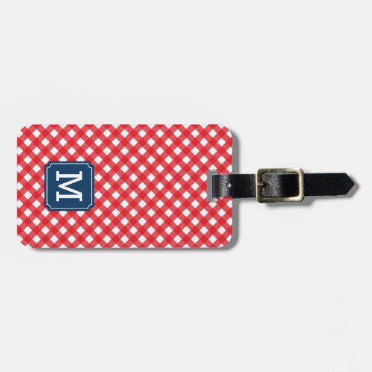 Monogram Picknick Rood Gingham en Blauw Bagagelabel (Voorkant horizontaal)