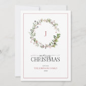 Monogram Pine Berry Wreath Merry-kerstscript Feestdagenkaart (Voorkant)