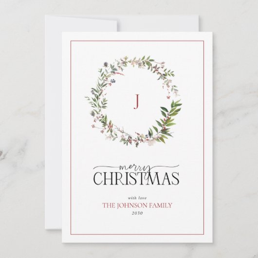 Monogram Pine Berry Wreath Merry-kerstscript Feestdagenkaart (Voorkant)