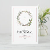 Monogram Pine Berry Wreath Merry-kerstscript Feestdagenkaart (Staand voorkant)