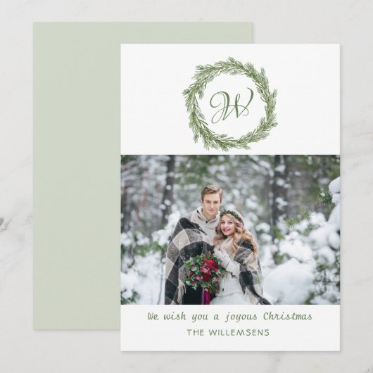 Monogram Pine Wreate-kerstfoto Feestdagenkaart (Voorkant / Achterkant)