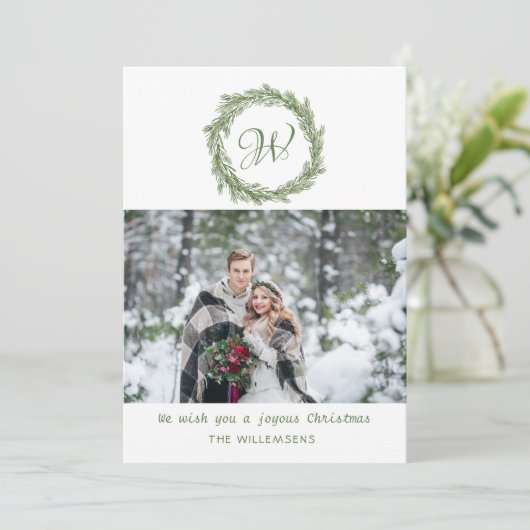 Monogram Pine Wreate-kerstfoto Feestdagenkaart (Staand voorkant)