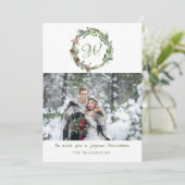 Monogram Pine Wreate kerstfotofeestkaart Feestdagenkaart (Staand voorkant)