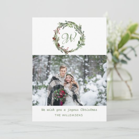 Monogram Pine Wreate kerstfotofeestkaart Feestdagenkaart (Staand voorkant)