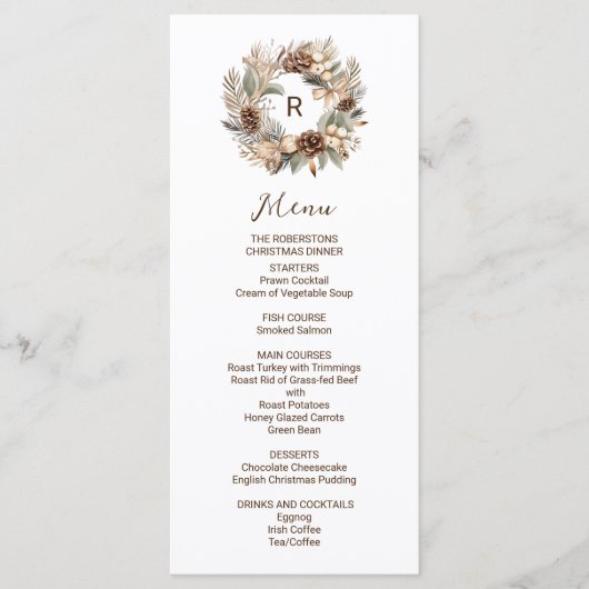 Monogram Pinecone Winter Krans Kerstfeest Menu (Voorkant)