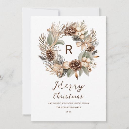 Monogram Pinecone Winter Krans Vrolijk Kerstmis Feestdagenkaart (Voorkant)