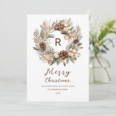 Monogram Pinecone Winter Krans Vrolijk Kerstmis Feestdagenkaart (Staand voorkant)