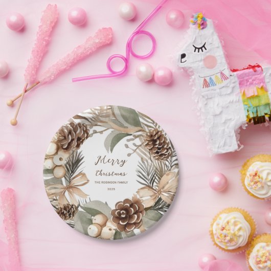 Monogram Pinecone Winter Krans Vrolijk Kerstmis Papieren Bordje (Feest)