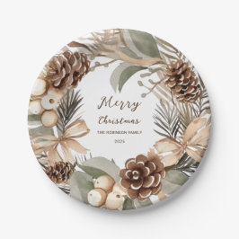 Monogram Pinecone Winter Krans Vrolijk Kerstmis Papieren Bordje