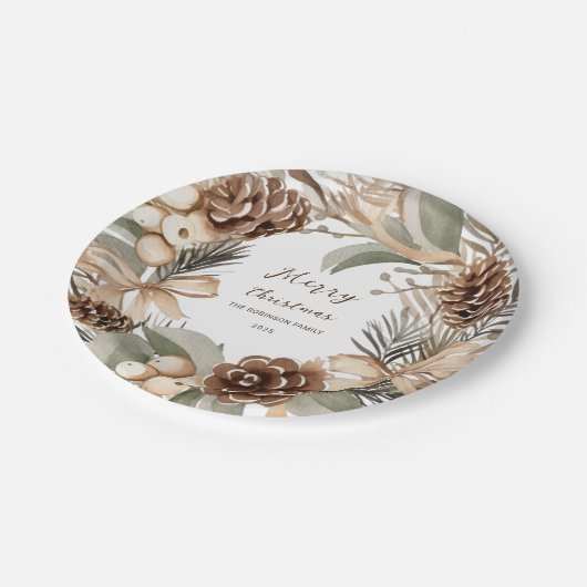Monogram Pinecone Winter Krans Vrolijk Kerstmis Papieren Bordje (Gekanteld)