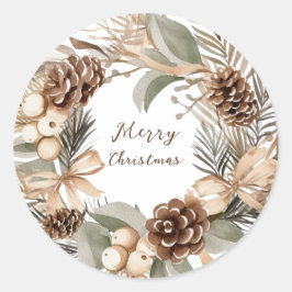 Monogram Pinecone Winter Krans Vrolijk Kerstmis Ronde Sticker