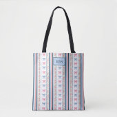 Monogram Pink Blue Coquette Bow Striped Trendy Tote Bag (Voorkant)