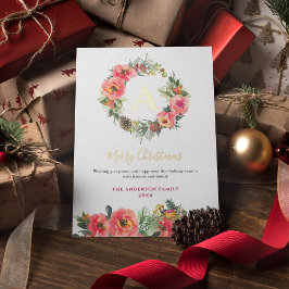 Monogram Pink Botanical Wreath Christmas Foil Card Folie Feestdagenkaart