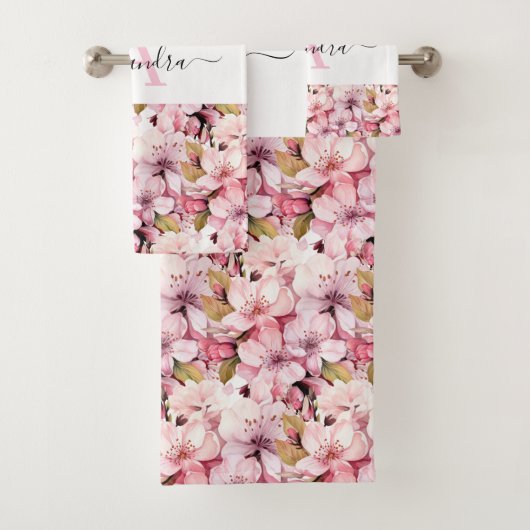 Monogram Pink Cherry Blossoms Towel Set Bad Handdoek (Insitu)