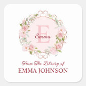 Monogram Pink Rose From The Library of Bookplate Vierkante Sticker (Voorkant)