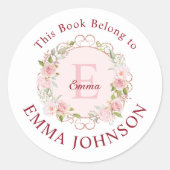 Monogram Pink Rose This Book Belongs to Bookplate Ronde Sticker (Voorkant)