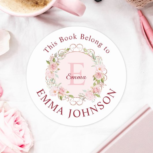 Monogram Pink Rose This Book Belongs to Bookplate Ronde Sticker