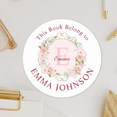 Monogram Pink Rose This Book Belongs to Bookplate Ronde Sticker