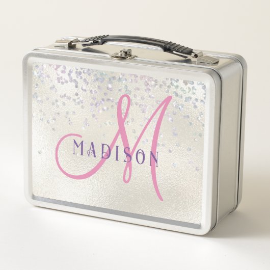 Monogram Pink Script Girl's Silver Pearl Glitter (Voorkant)
