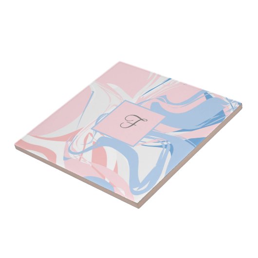 Monogram Pink White Blue Marble Swirl Abstract Tegeltje (Zijkant)