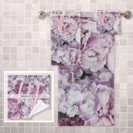 Monogram Pioenrozen Bloem Roze Schrift Bad Handdoek