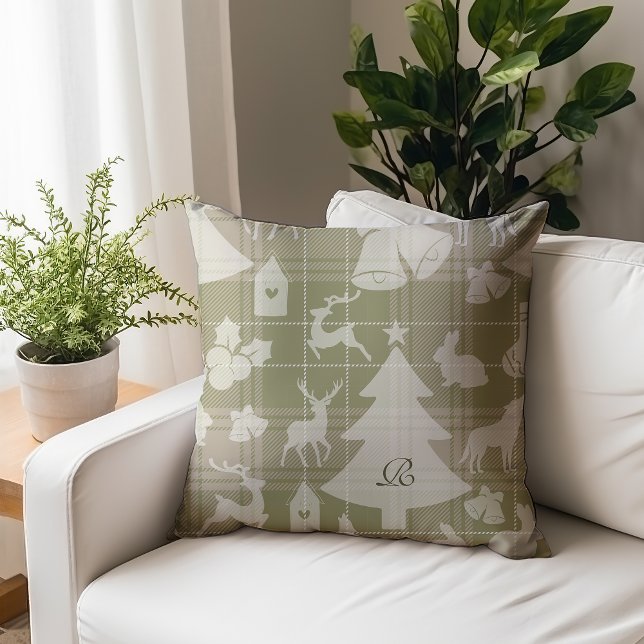 Monogram Plaid Christmas Woodland Animals Village Kussen (Creator heeft geüpload)