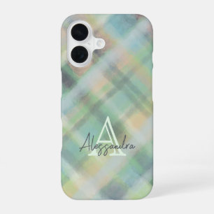 Monogram plaid pastel groen grijs geel blauwgroen iPhone 16 hoesje