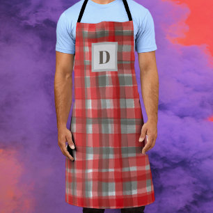 Monogram plaid tartaanrood-grijze waterverf van bu schort