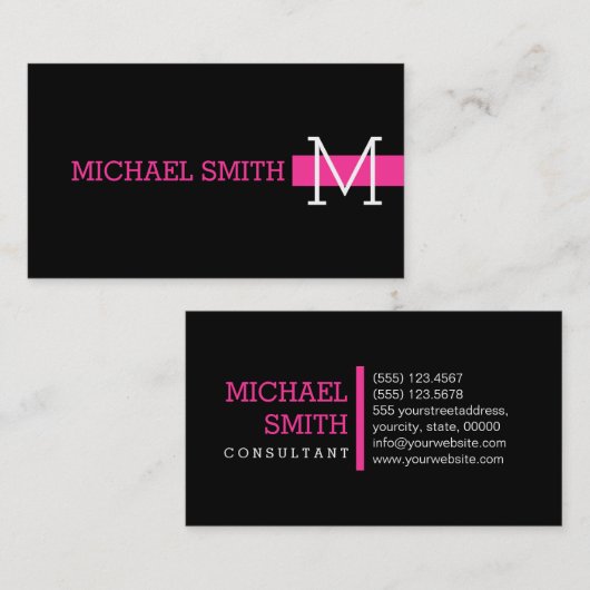 Monogram Plain Zwart Modern Hot Pink Visitekaartje (Voorkant / Achterkant)