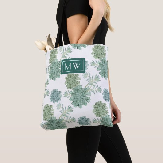 Monogram | Plant geluk | Succulent Patroon Tote Bag (Dichtbij)