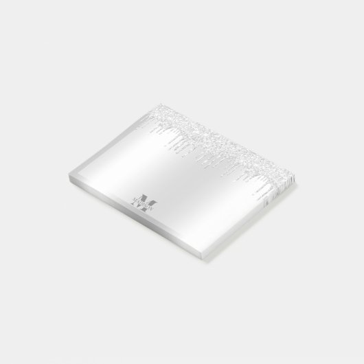 Monogram Platina Zilver Dripping Glitter Metallic Post-it® Notes (Schuin)