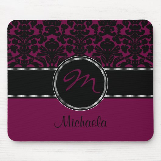 Monogram Plum Black White Damask Mousepad Muismat (Voorkant)