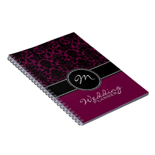 Monogram Plum Black White Damask Wedding Planner Notitieboek (Rechterzijde)