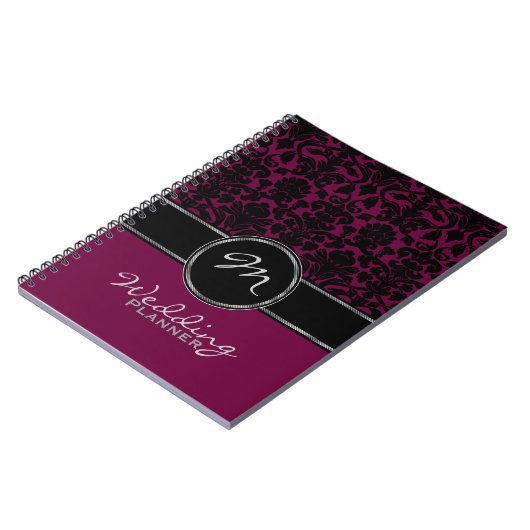 Monogram Plum Black White Damask Wedding Planner Notitieboek (Linkerzijde)