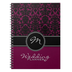 Monogram Plum Black White Damask Wedding Planner Notitieboek