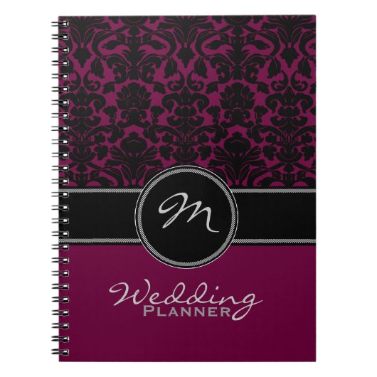 Monogram Plum Black White Damask Wedding Planner Notitieboek (Voorkant)